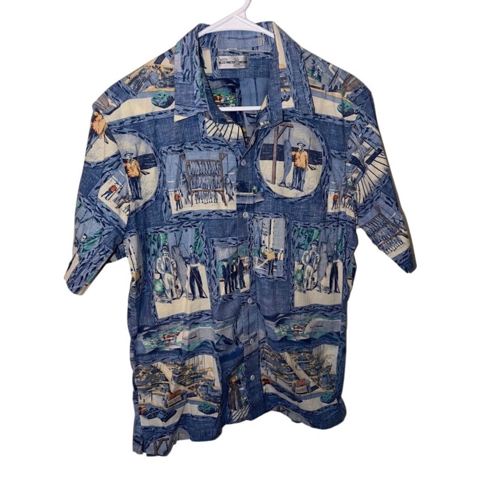 AFTCO Blue Water Mens Large Nautical Fishing Graphic Short Sleeve Button Down